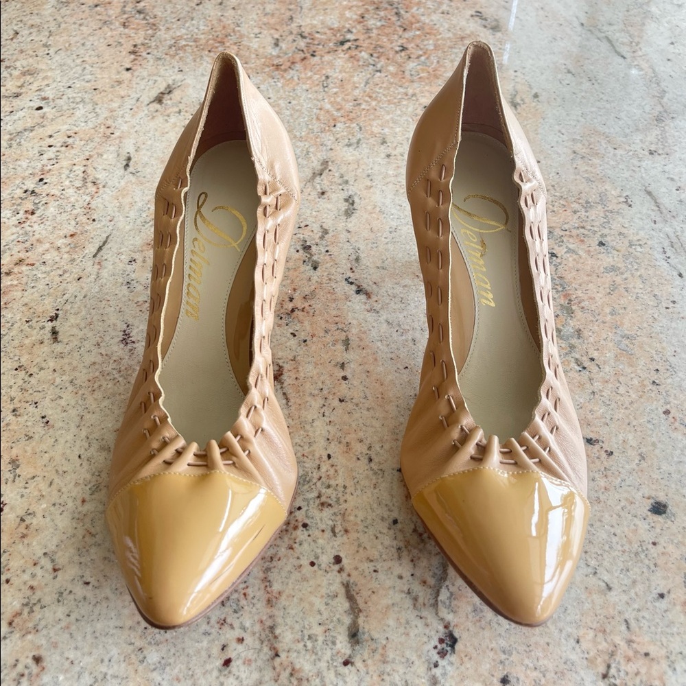 Delman Yellow Heels With Patent Leather Fronts And Heels